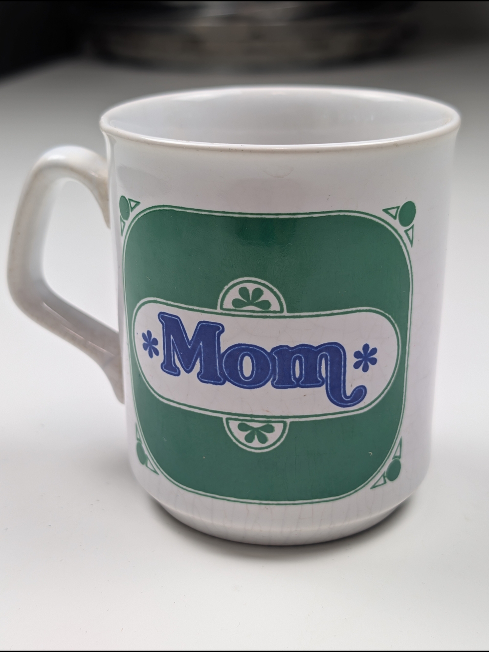 Vintage Mom Coffee Mug Made in England Retro Green Blue Graphic Ceramic Cup